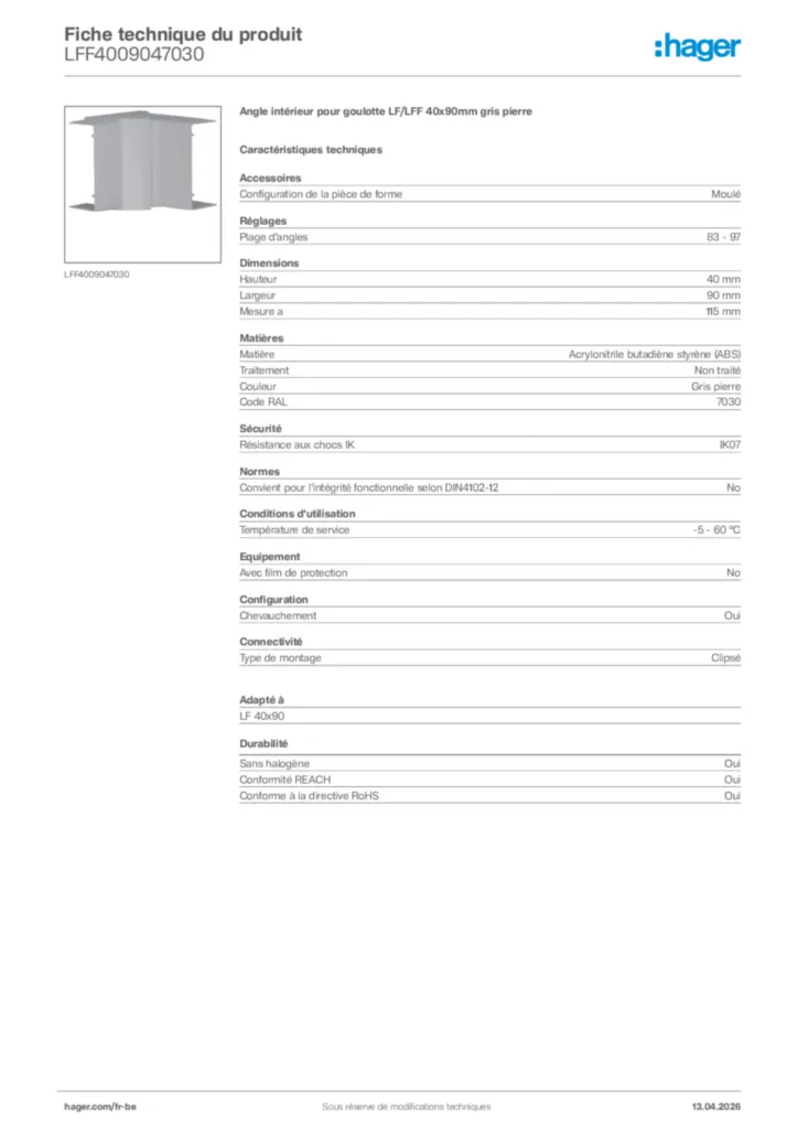 Image Hager Fiche technique du produit LFF4009047030 | Hager Belgique