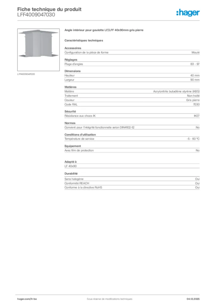 Image Hager Fiche technique du produit LFF4009047030 | Hager Belgique