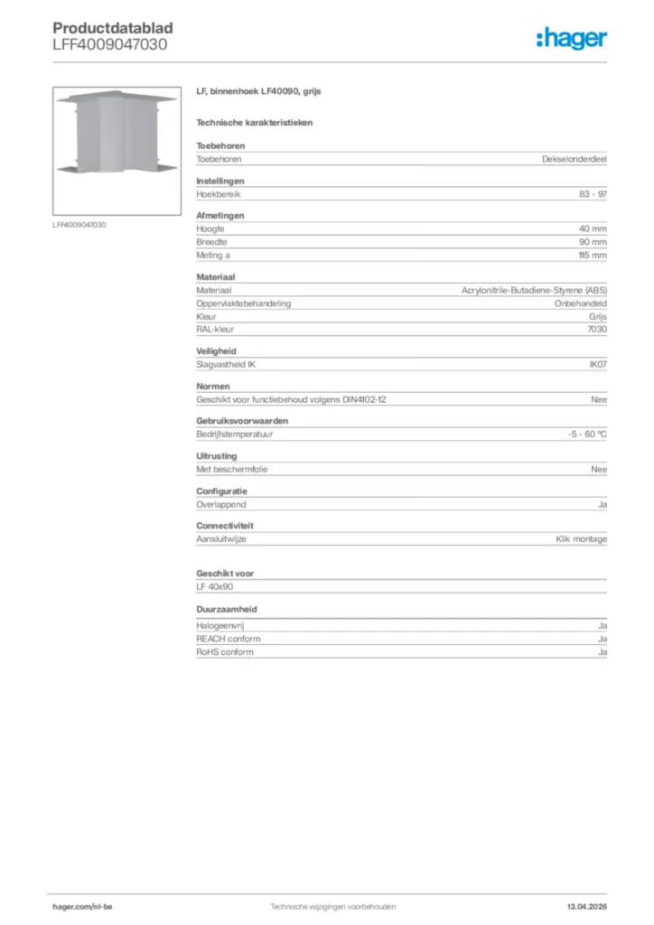 Afbeelding Hager Productdatablad LFF4009047030 | Hager Belgium