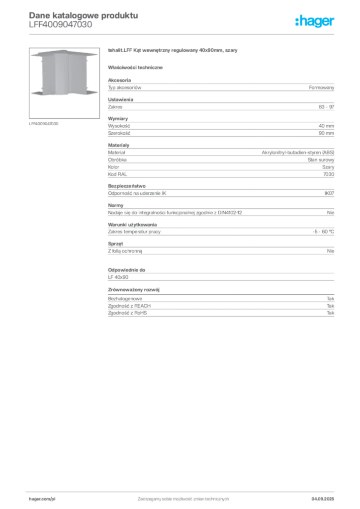 Zdjęcie Hager Dane katalogowe produktu LFF4009047030 | Hager Polska