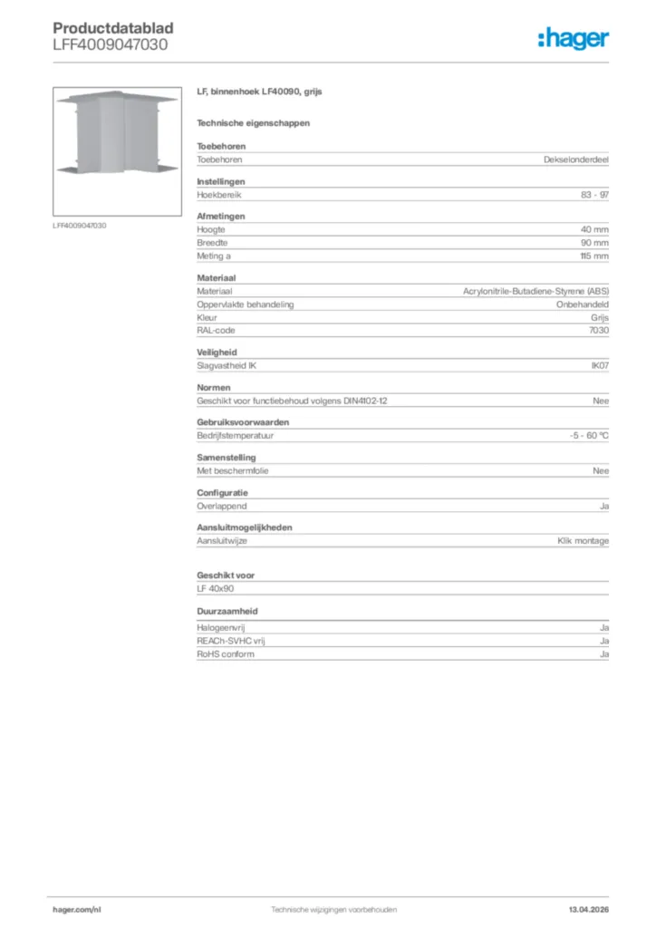 Afbeelding Hager Productdatablad LFF4009047030 | Hager Nederland