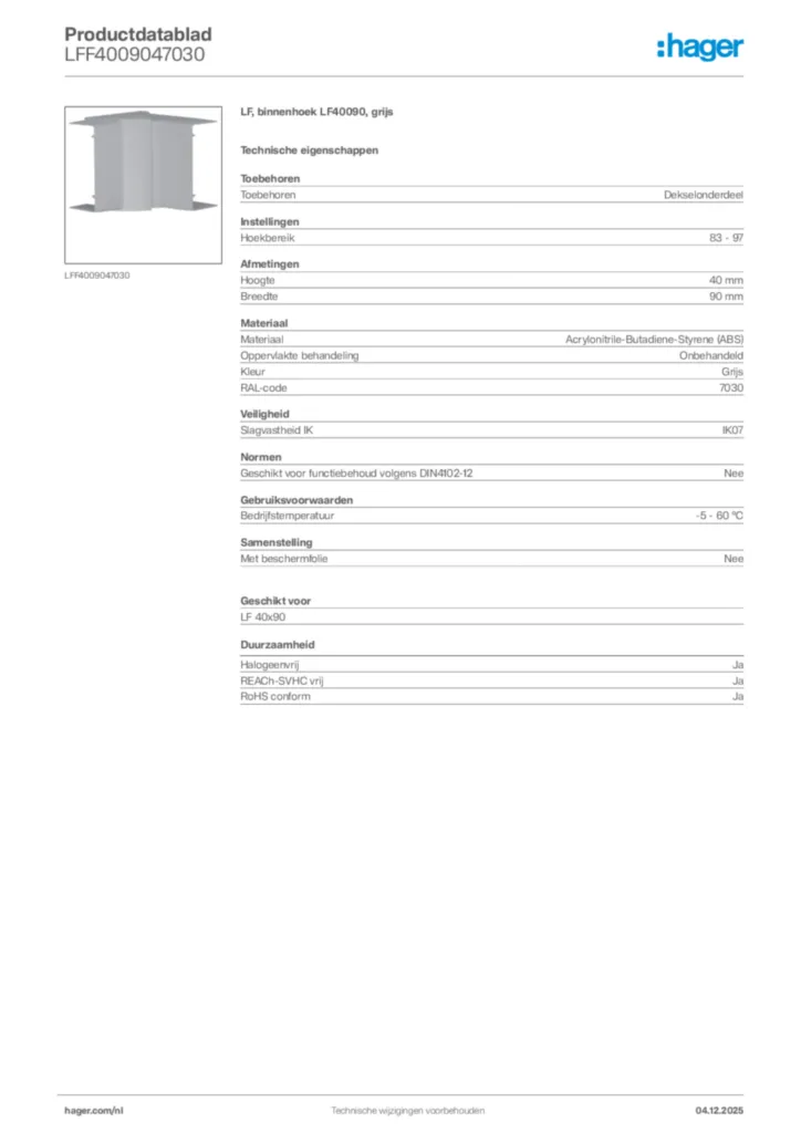 Afbeelding Hager Productdatablad LFF4009047030 | Hager Nederland