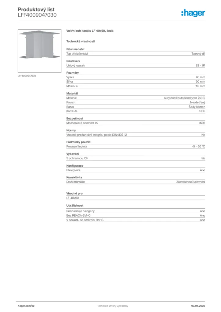 Obrázek Hager Product data sheet LFF4009047030 | Hager