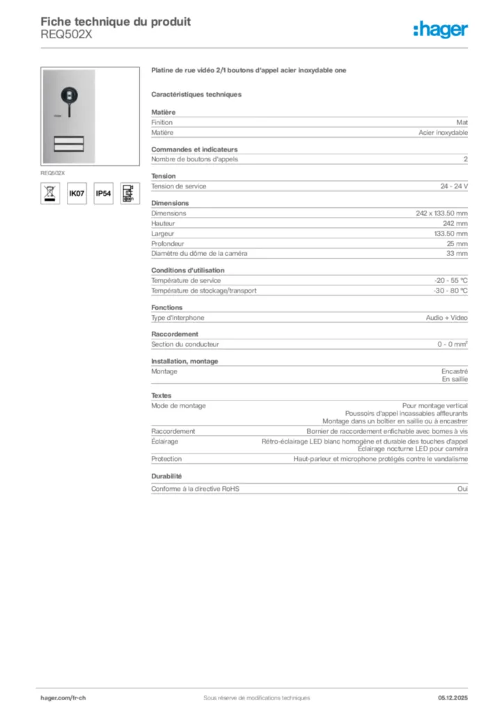 Image Hager Fiche technique du produit REQ502X | Hager Suisse