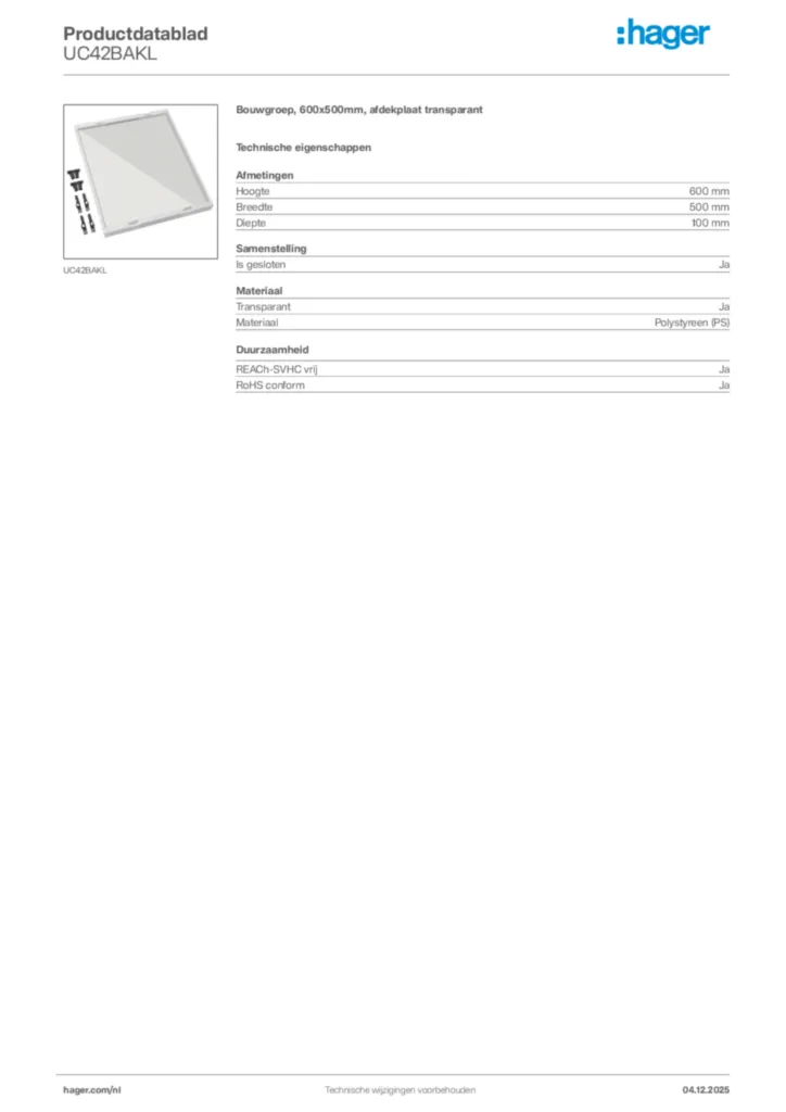Afbeelding Hager Productdatablad UC42BAKL | Hager Nederland