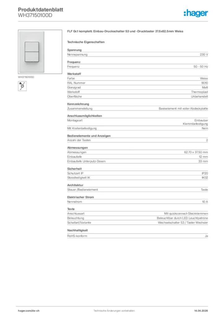 Bild Hager Produktdatenblatt WH37150100D | Hager Schweiz
