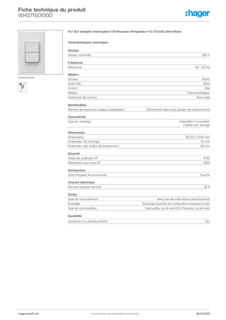 Image Hager Fiche technique du produit WH37150100D | Hager Suisse