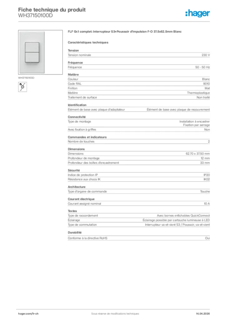 Image Hager Fiche technique du produit WH37150100D | Hager Suisse