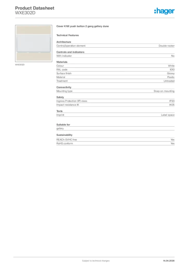 Image Hager Product data sheet WXE302D  | Hager Africa