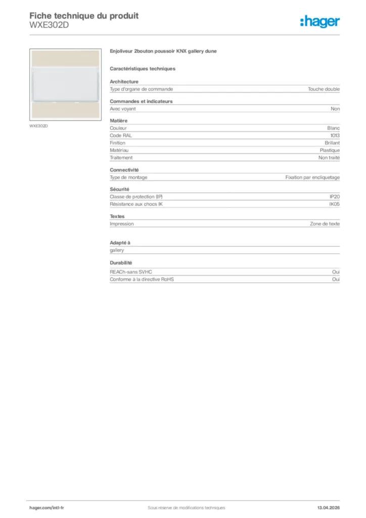 Image Hager Fiche technique du produit WXE302D | Hager Afrique