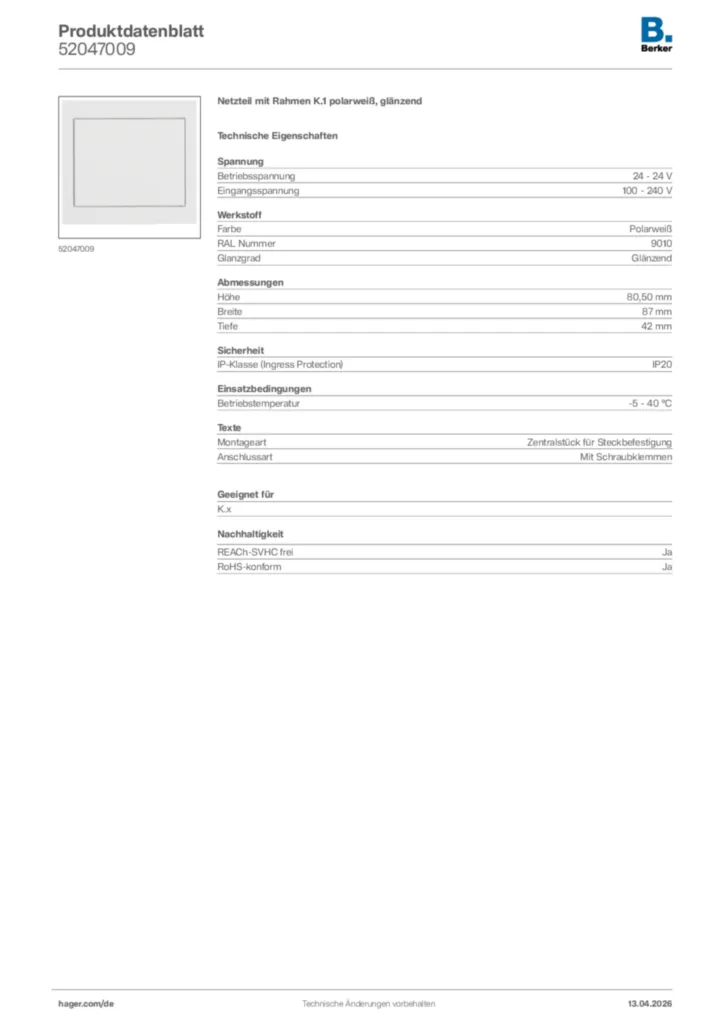 Bild Berker Produktdatenblatt 52047009 | Hager Deutschland