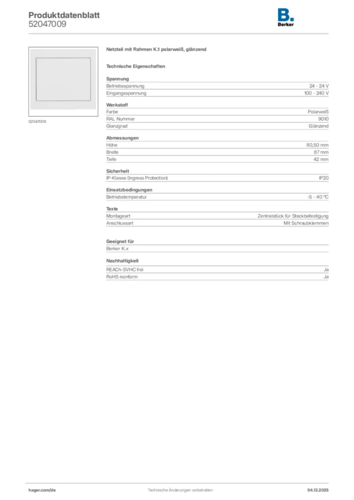Berker Produktdatenblatt 52047009