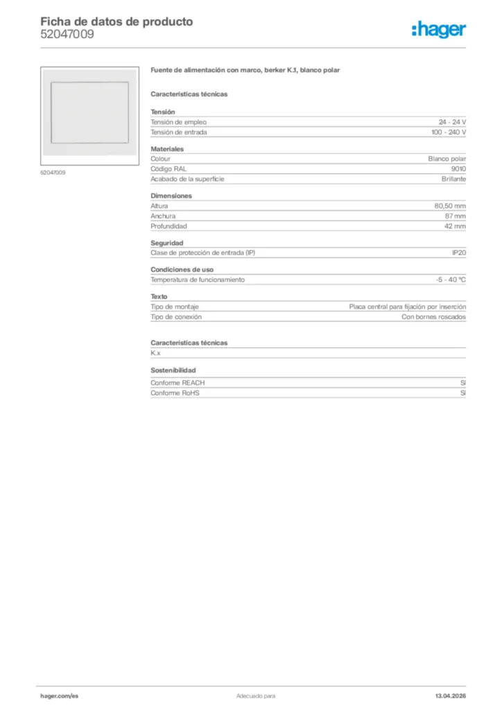 Imagen Hager Ficha de datos de producto 52047009 | Hager España
