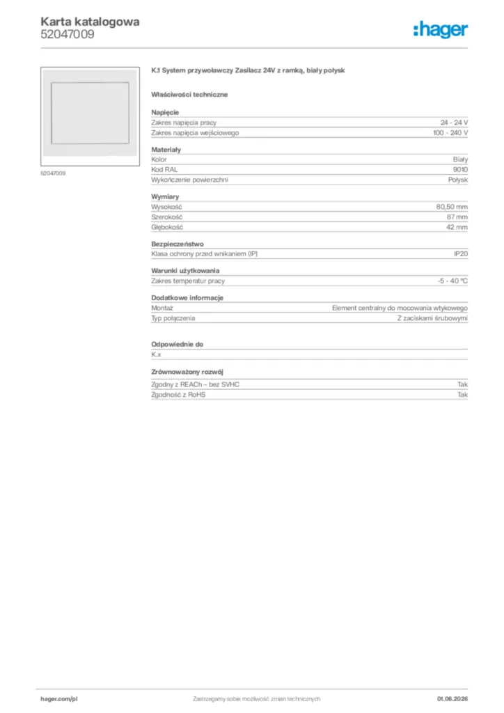 Zdjęcie Hager Karta katalogowa 52047009 | Hager Polska