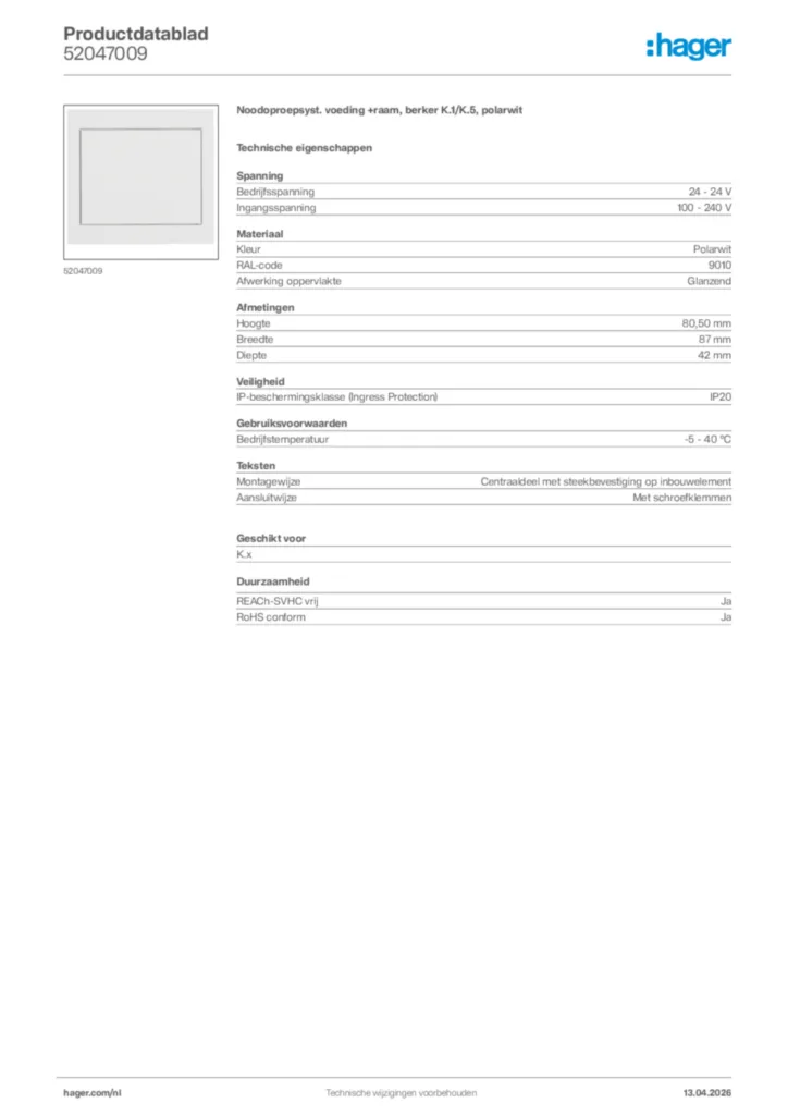 Afbeelding Hager Productdatablad 52047009 | Hager Nederland