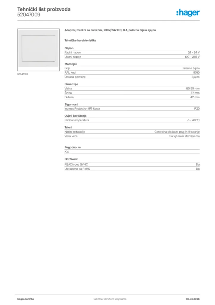 Slika Hager Tehnički list proizvoda 52047009  | Hager
