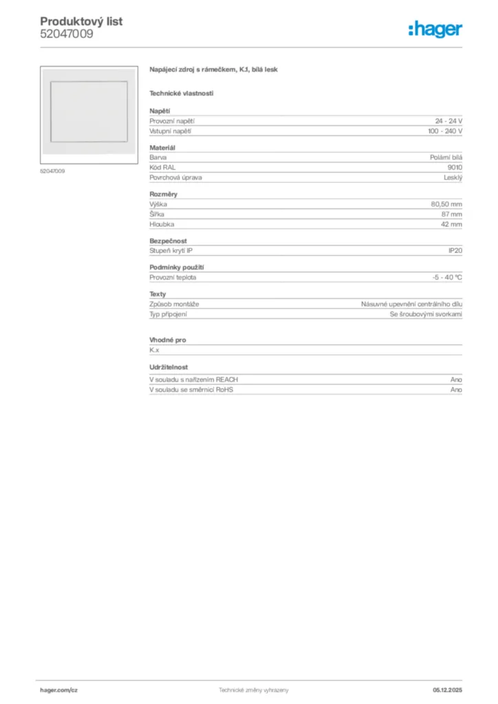 Obrázek Hager Product data sheet 52047009 | Hager