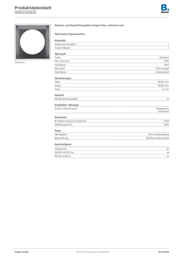 Bild Berker Produktdatenblatt 918032505 | Hager Deutschland