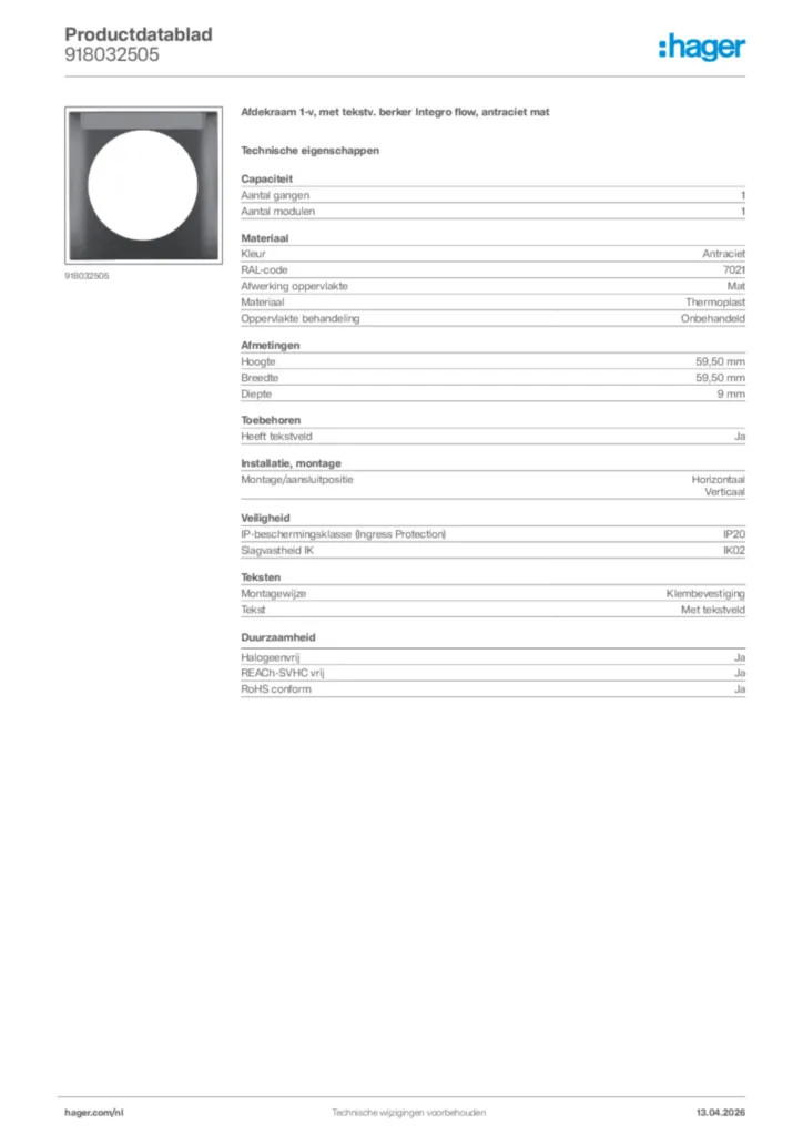 Afbeelding Hager Productdatablad 918032505 | Hager Nederland