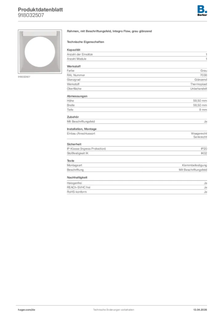 Bild Berker Produktdatenblatt 918032507 | Hager Deutschland