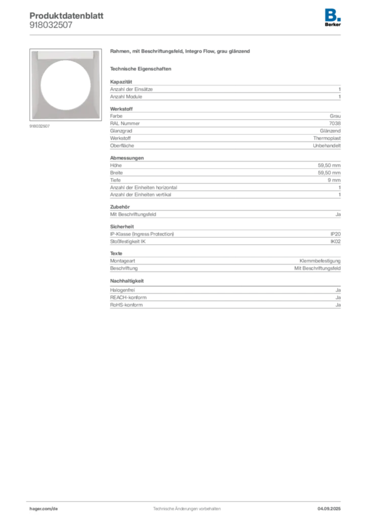 Bild Berker Produktdatenblatt 918032507 | Hager Deutschland