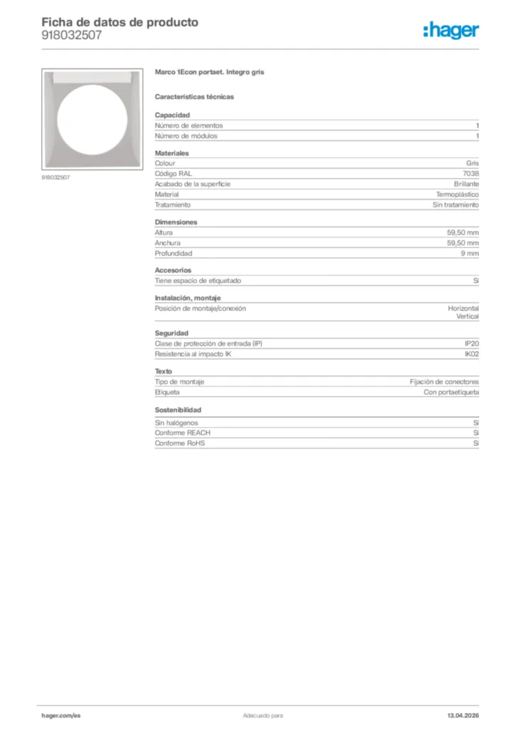Imagen Hager Ficha de datos de producto 918032507 | Hager España