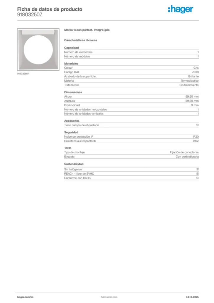 Imagen Hager Ficha de datos de producto 918032507 | Hager España