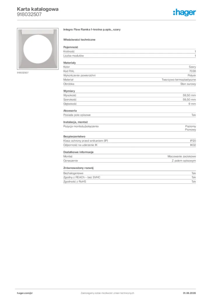 Zdjęcie Hager Karta katalogowa 918032507 | Hager Polska