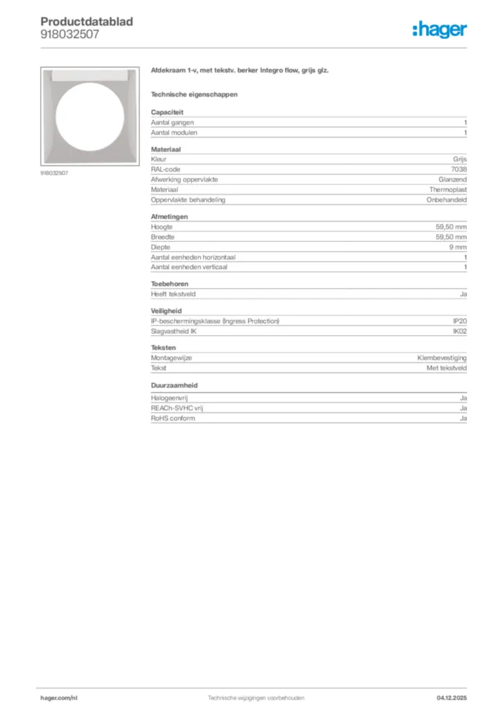 Afbeelding Hager Productdatablad 918032507 | Hager Nederland