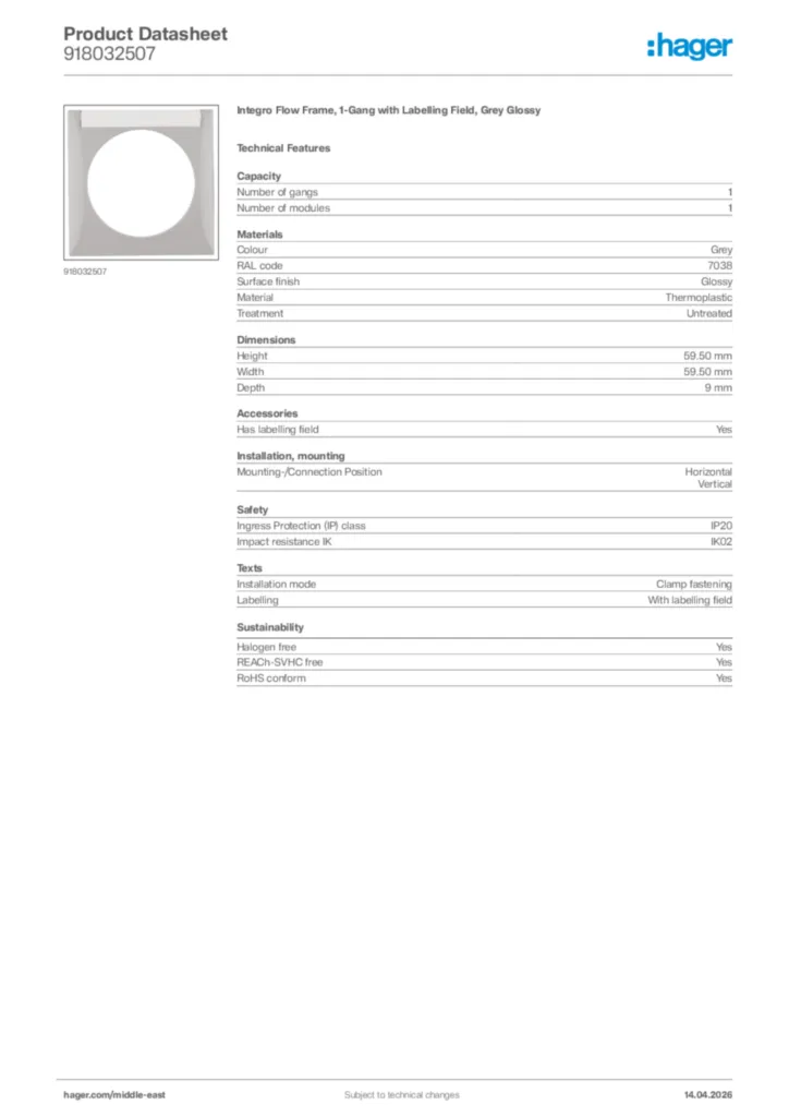 Image Hager Product data sheet 918032507  | Hager