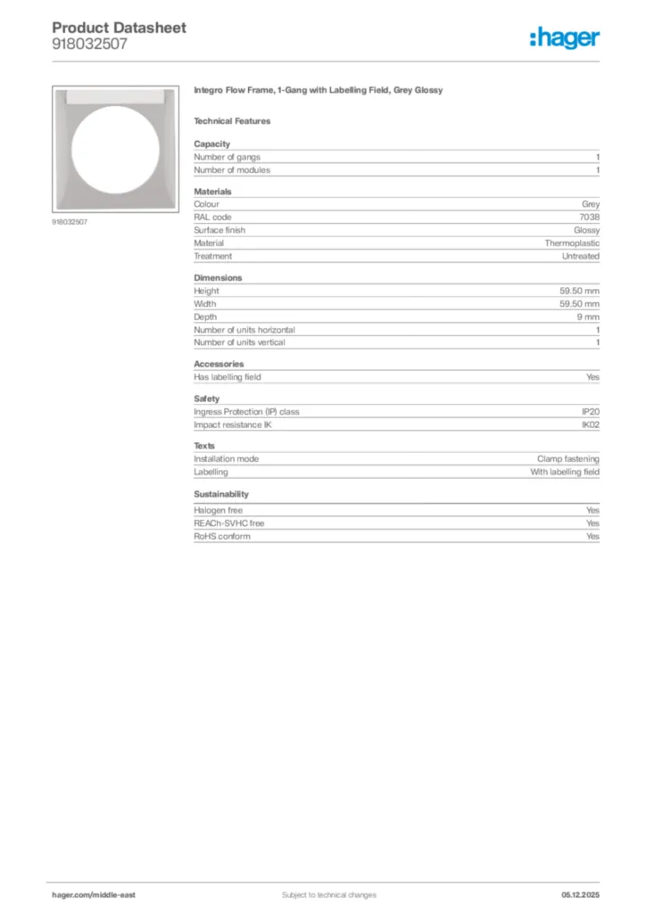 Image Hager Product data sheet 918032507  | Hager