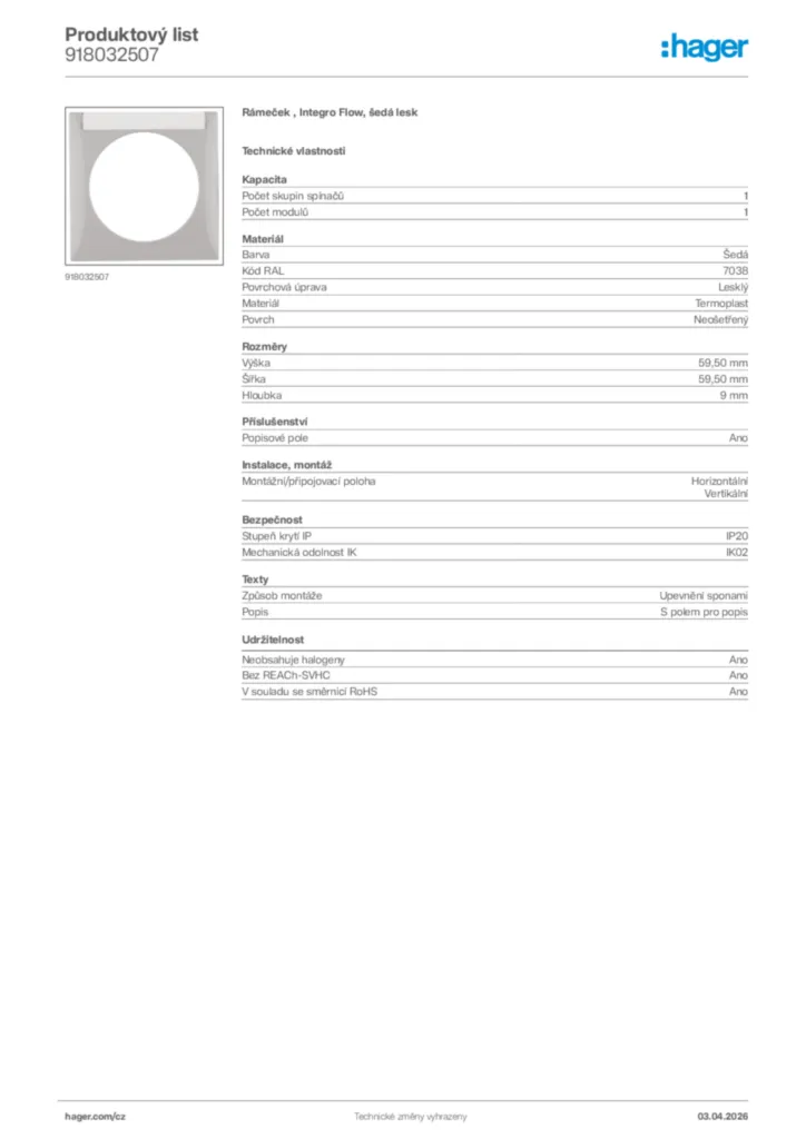 Obrázek Hager Product data sheet 918032507 | Hager