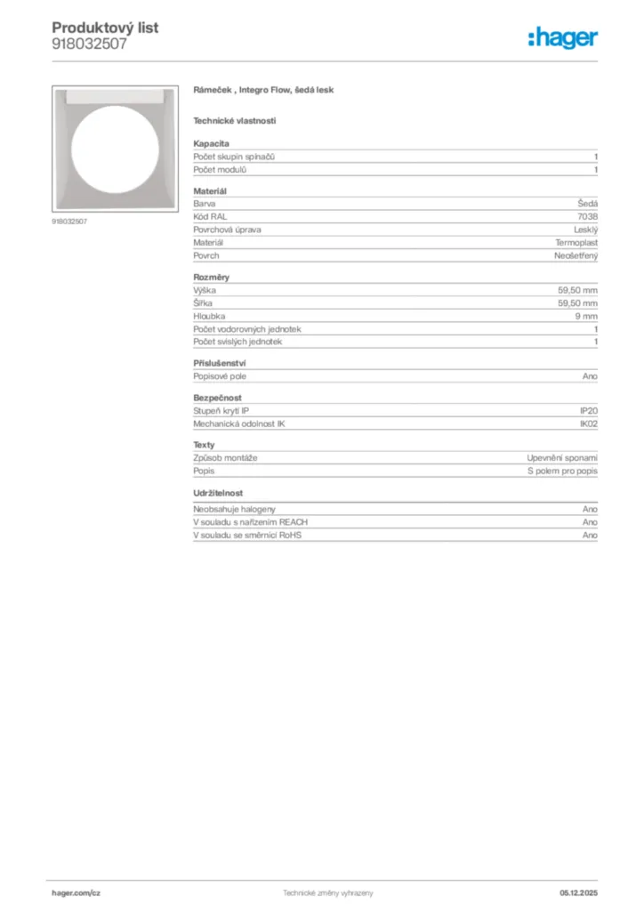 Obrázek Hager Product data sheet 918032507 | Hager