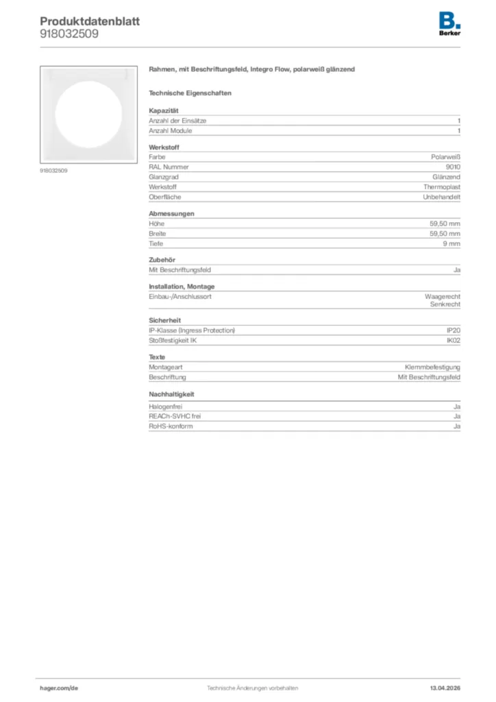 Bild Berker Produktdatenblatt 918032509 | Hager Deutschland