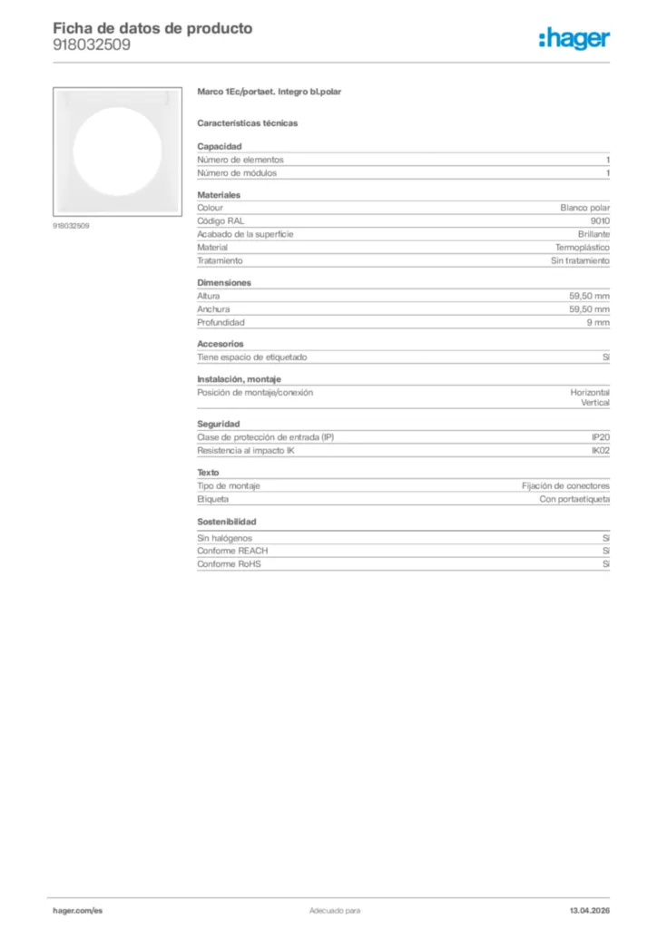 Imagen Hager Ficha de datos de producto 918032509 | Hager España