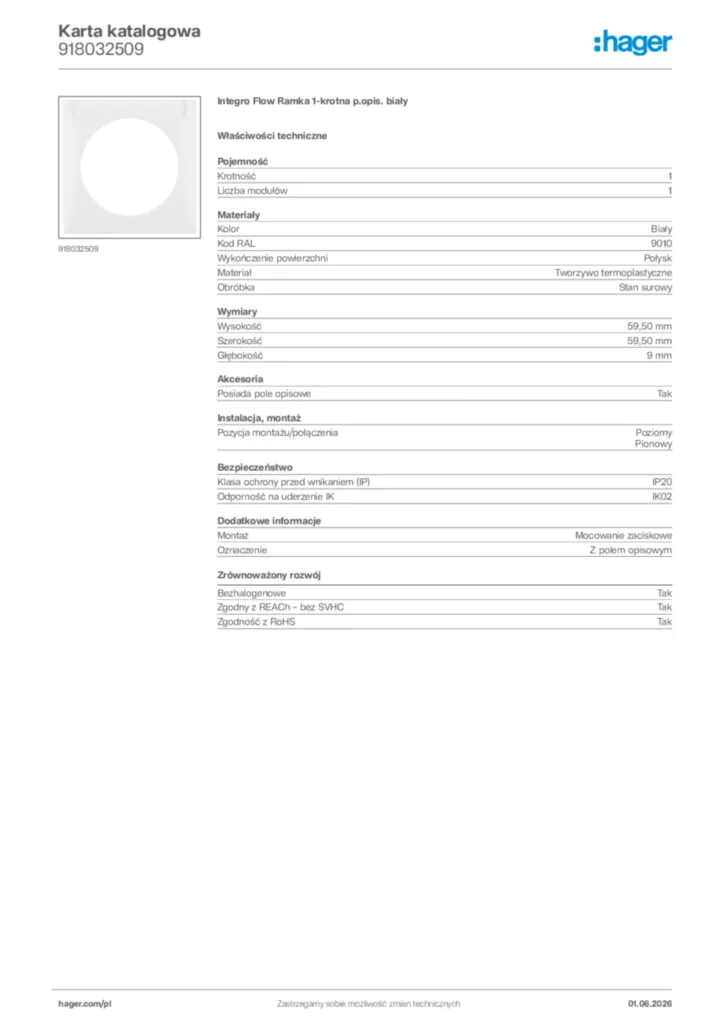 Zdjęcie Hager Karta katalogowa 918032509 | Hager Polska