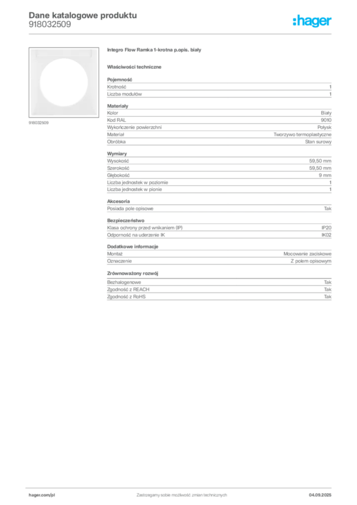 Zdjęcie Hager Dane katalogowe produktu 918032509 | Hager Polska
