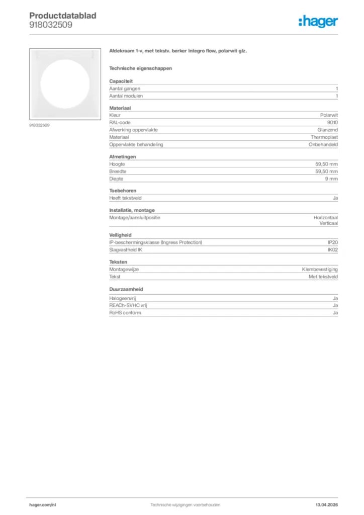 Afbeelding Hager Productdatablad 918032509 | Hager Nederland