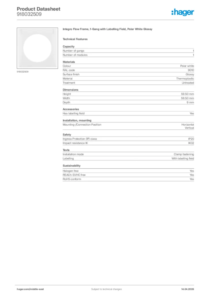 Image Hager Product data sheet 918032509  | Hager