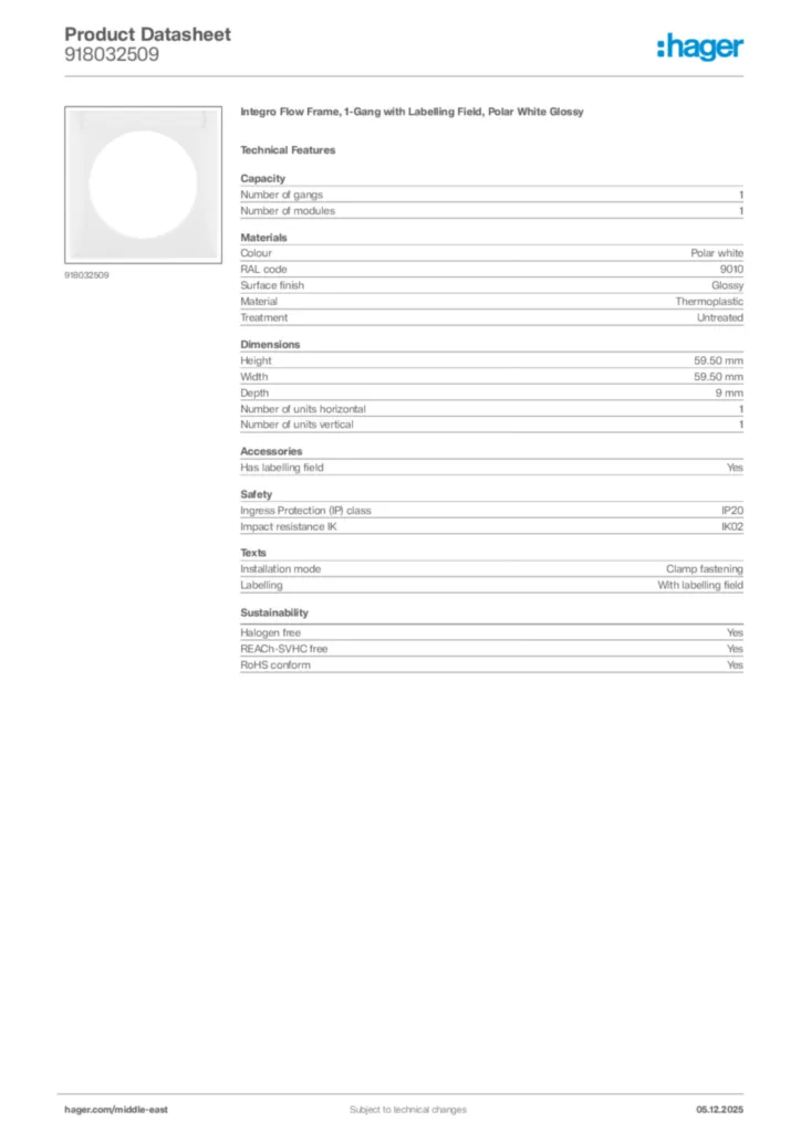 Image Hager Product data sheet 918032509  | Hager