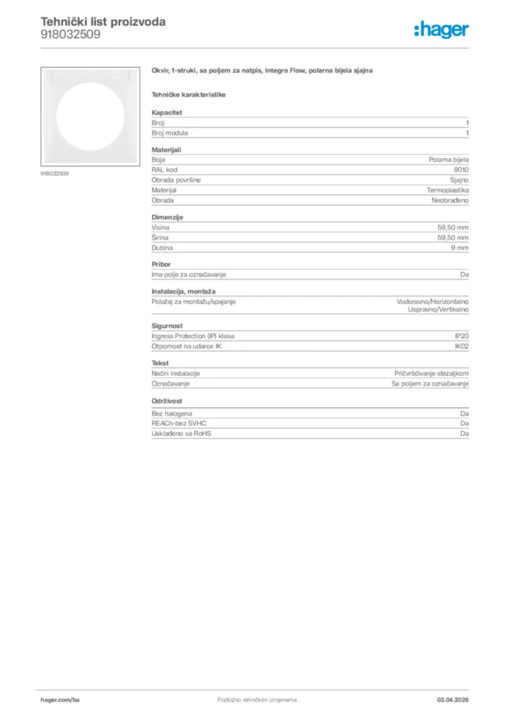 Slika Hager Tehnički list proizvoda 918032509  | Hager