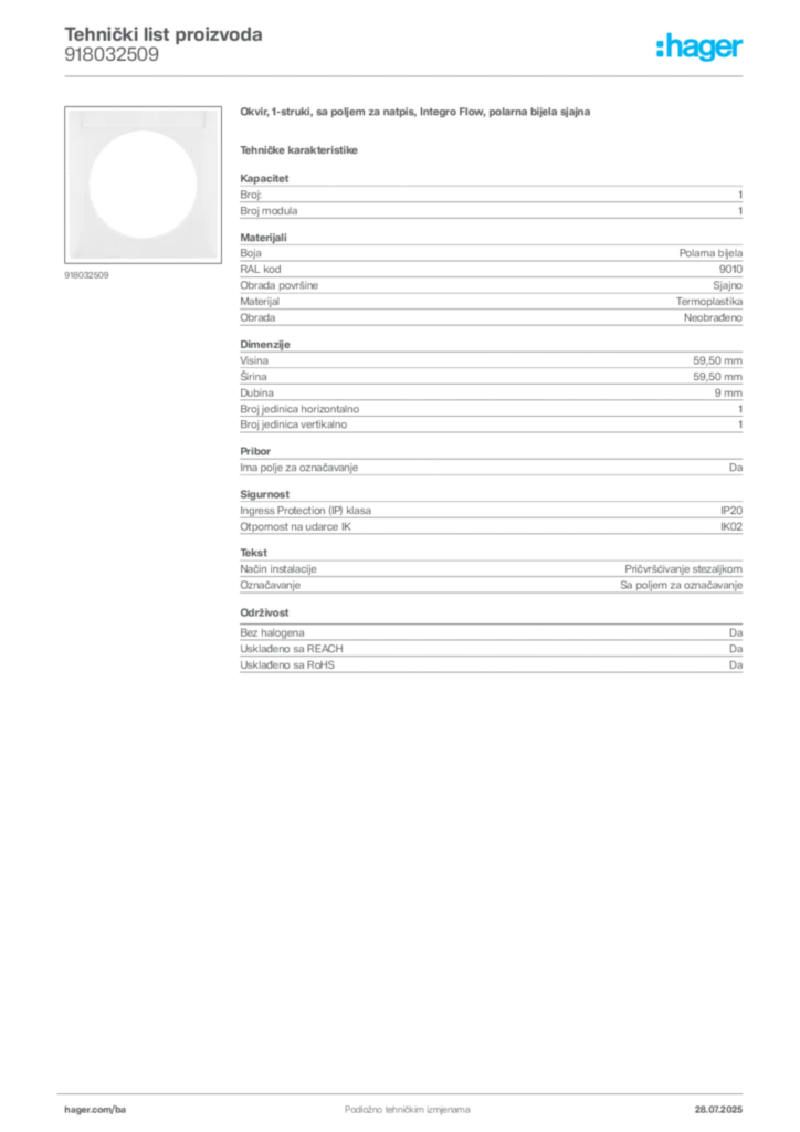 Slika Hager Product data sheet 918032509  | Hager