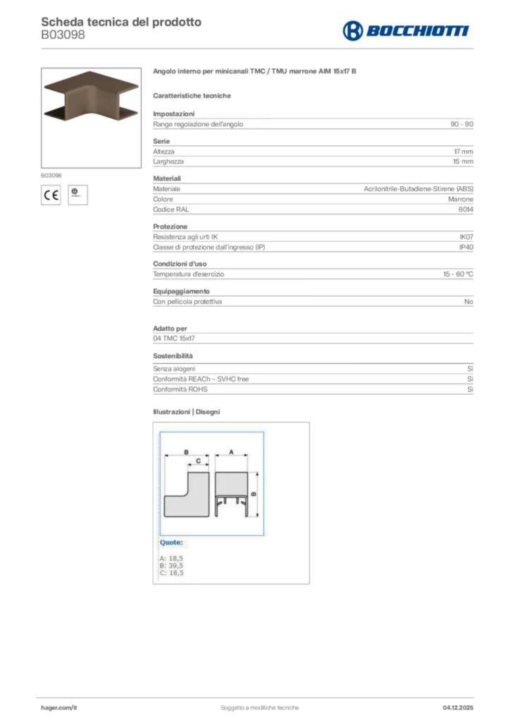 Immagine Bocchiotti Scheda tecnica del prodotto B03098 | Hager Italia