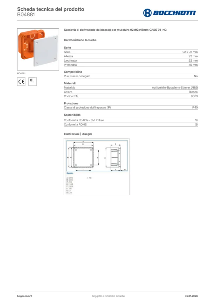 Immagine Bocchiotti Scheda tecnica del prodotto B04881 | Hager Italia