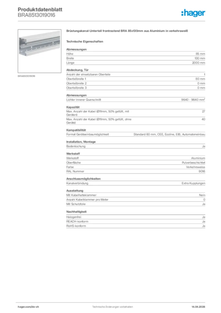 Bild Hager Produktdatenblatt BRA8513019016 | Hager Schweiz