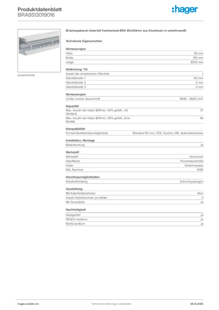 Bild Hager Produktdatenblatt BRA8513019016 | Hager Schweiz