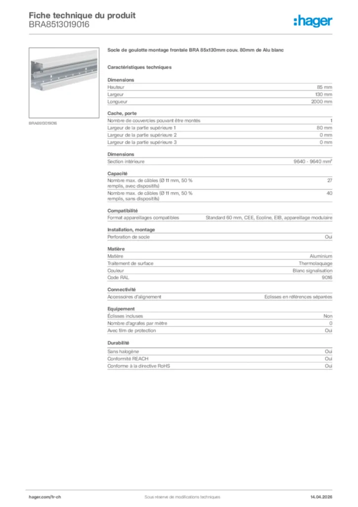 Image Hager Fiche technique du produit BRA8513019016 | Hager Suisse