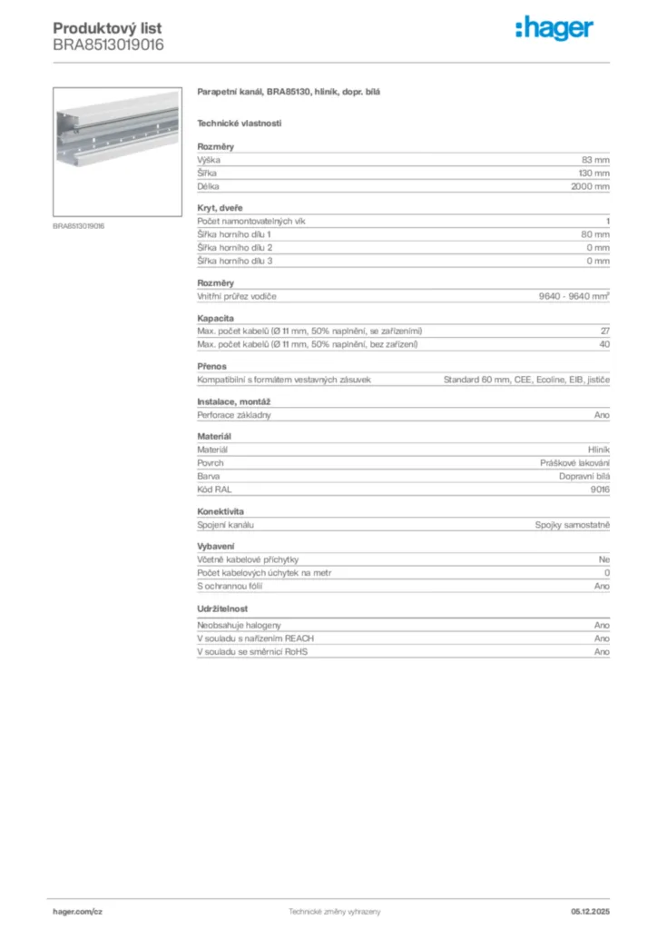 Obrázek Hager Produktový list BRA8513019016 | Hager