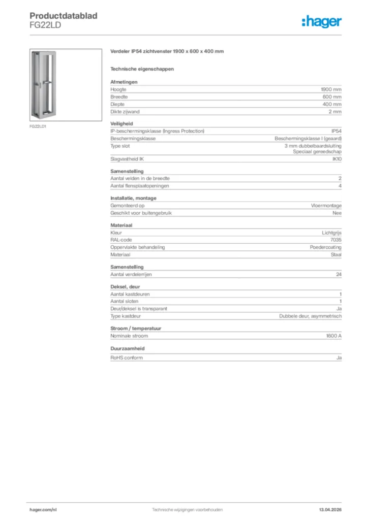 Afbeelding Hager Productdatablad FG22LD | Hager Nederland