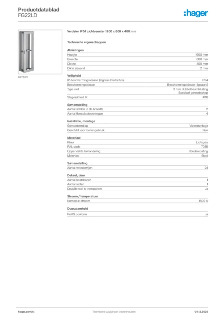 Afbeelding Hager Productdatablad FG22LD | Hager Nederland